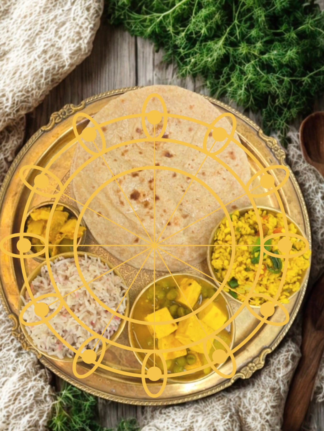 Brass thali with roti, rice, sabzi and daal — a Punjabi home-cooked meal